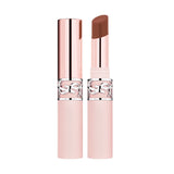 YSL Lovenude Balm in light brown, in a pale pink tube with silver-toned YSL logo band. One capped, one showing angled balm st