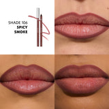 Two dark reddish-brown lip liners, one with a silver-toned cap, the other sharpened, with a color swatch.
