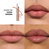 Two hazel brown lip liners, one with a silver-toned cap, the other sharpened, with a color swatch.