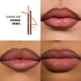 Two brown lip liner pencils. One is capped with a silver-toned cap, the other is sharpened, showing a brown tip.