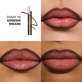Two dark brown lip liners, one with a silver-toned cap, and a dark brown swatch.
