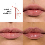 Two nude peachy-pink lip liners. One with a silver-toned cap, the other sharpened. A swatch of the color is next to them.