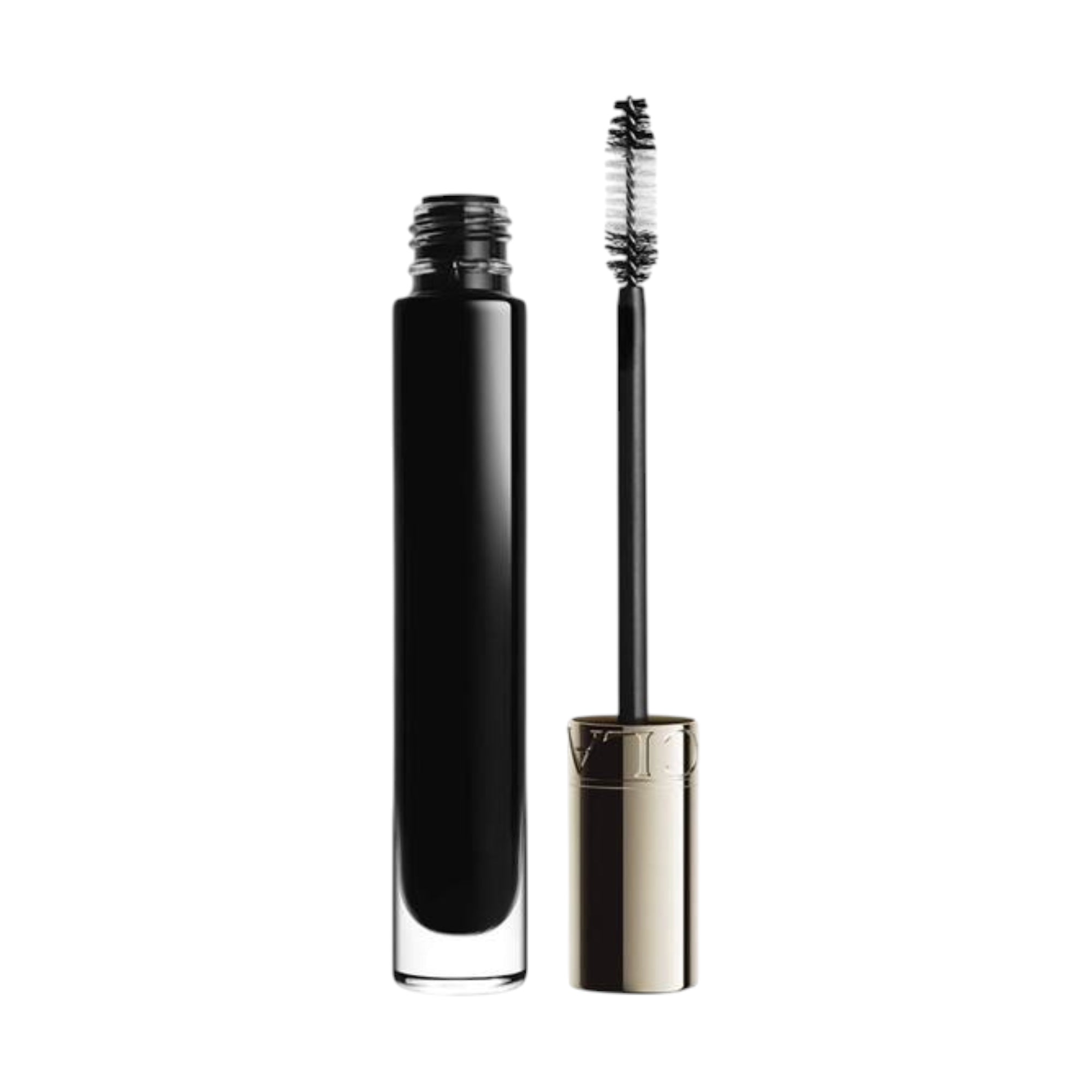 Black mascara tube with a gold-toned cap and a white bristled applicator wand