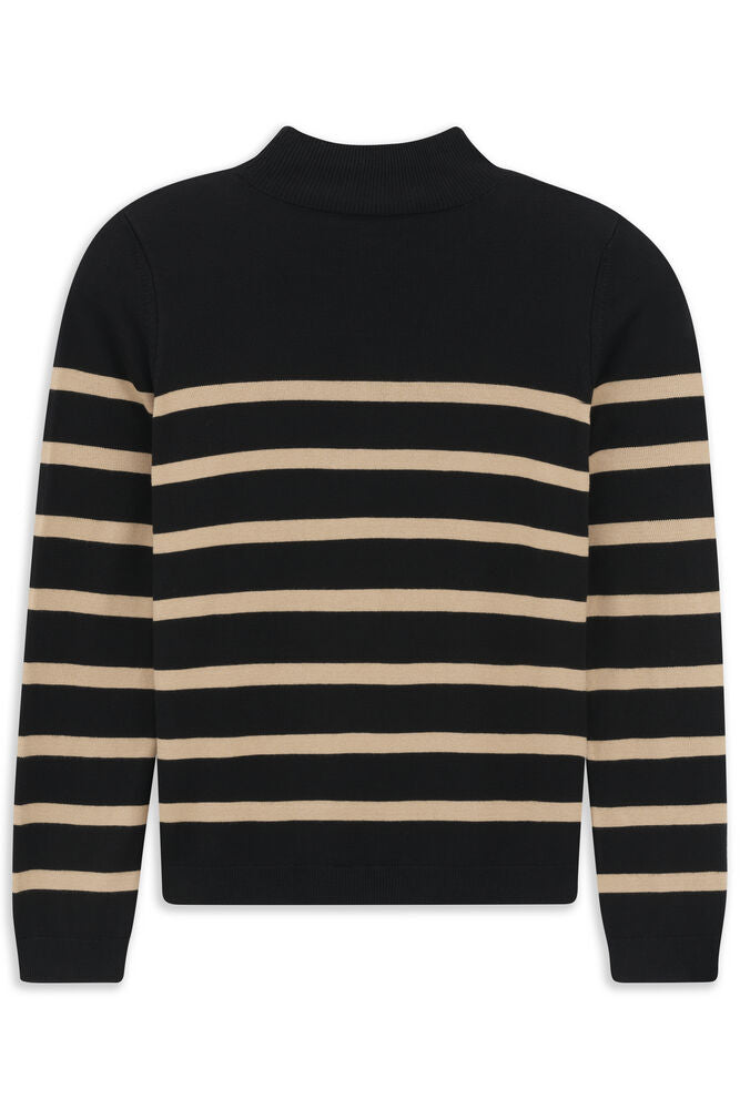 Black knit sweater with beige horizontal stripes, a mock neck, and ribbed cuffs and hem.