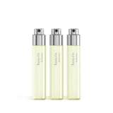 Three identical clear glass travel spray bottles with silver-toned caps, filled with pale yellow liquid and 'Amyris homme' la