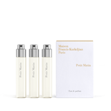 Three clear glass perfume travel refills with silver-toned atomiser caps and a white branded box with gold-toned text.