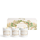 Three white ceramic candles with gold-toned labels, lit, in front of a white box with gold-toned foliage and red berry design