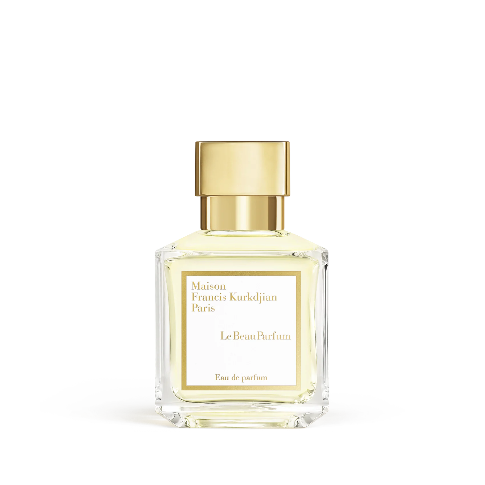 Clear glass perfume bottle with pale yellow liquid and a gold-toned square cap, featuring a white label with black text.