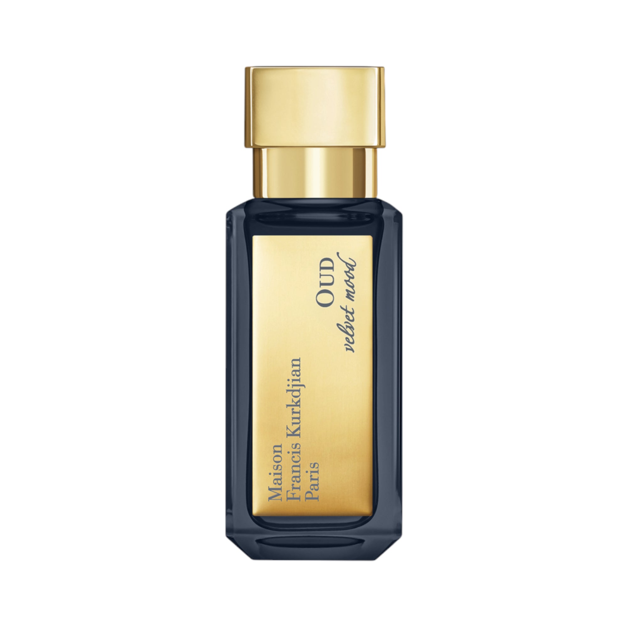 Dark blue rectangular perfume bottle with a gold-toned cap and a gold label featuring 'Maison Francis Kurkdjian Paris OUD vel