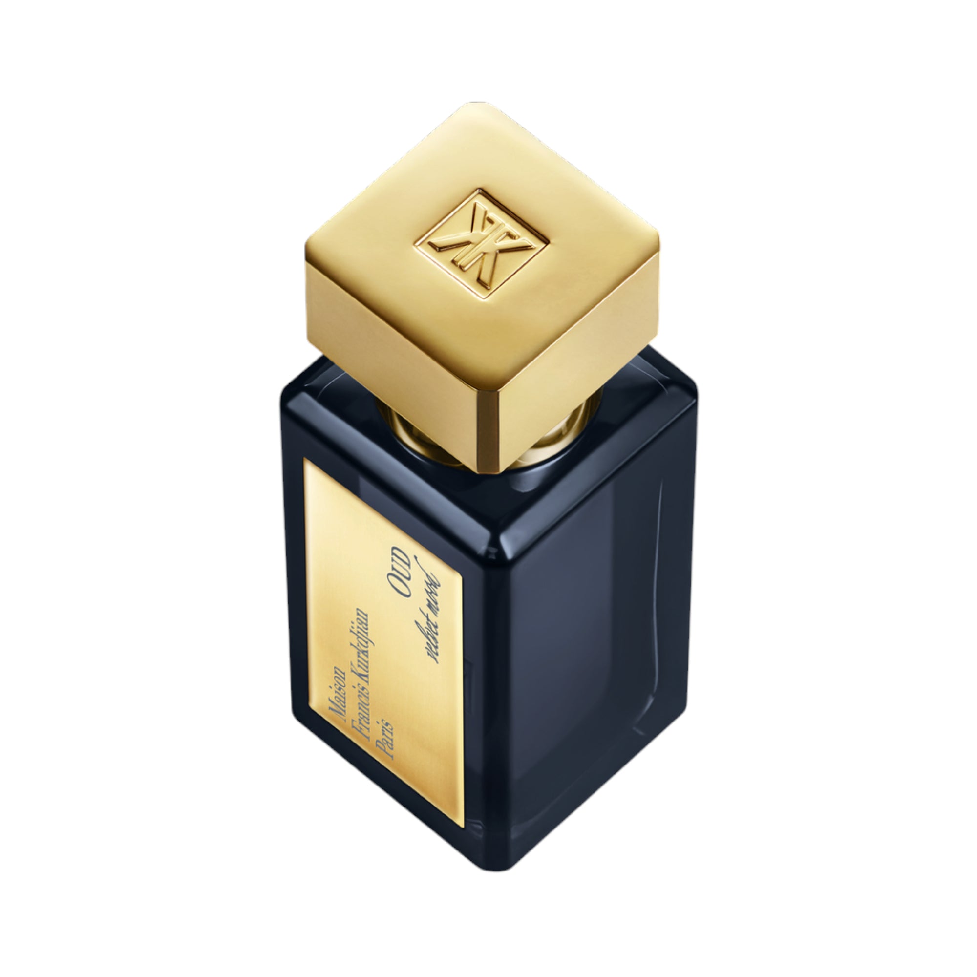 Dark blue square perfume bottle with a gold-toned label and a square gold-toned cap featuring an embossed logo.