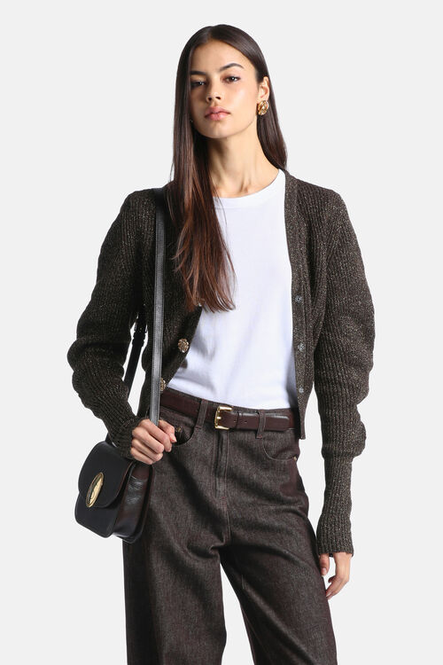 Brown gold-flecked knit cardigan with V-neck, puffed long sleeves, ribbed cuffs, and four gold-toned jeweled buttons.