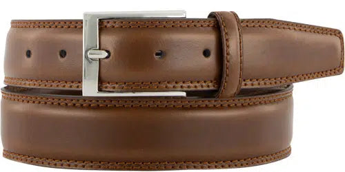 Brown leather belt with a silver-toned rectangular buckle, a single loop, and double stitching along the edges.