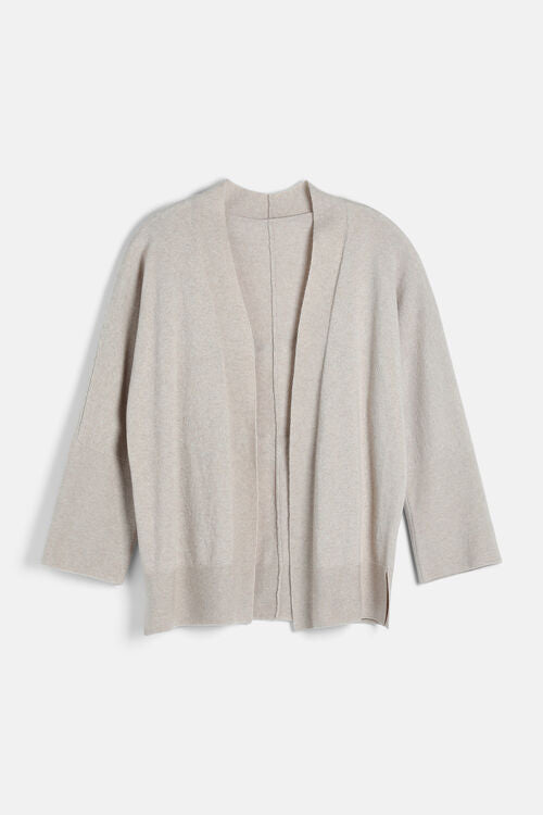 Beige open carded wool cardigan with a V-neck, dropped shoulders, 3/4 sleeves, ribbed cuffs and hem, and side slits.