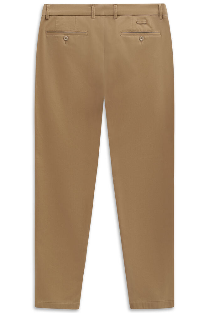 Tan casual trousers with a waistband, belt loops, and two back welt pockets. The left pocket has a dark button closure.