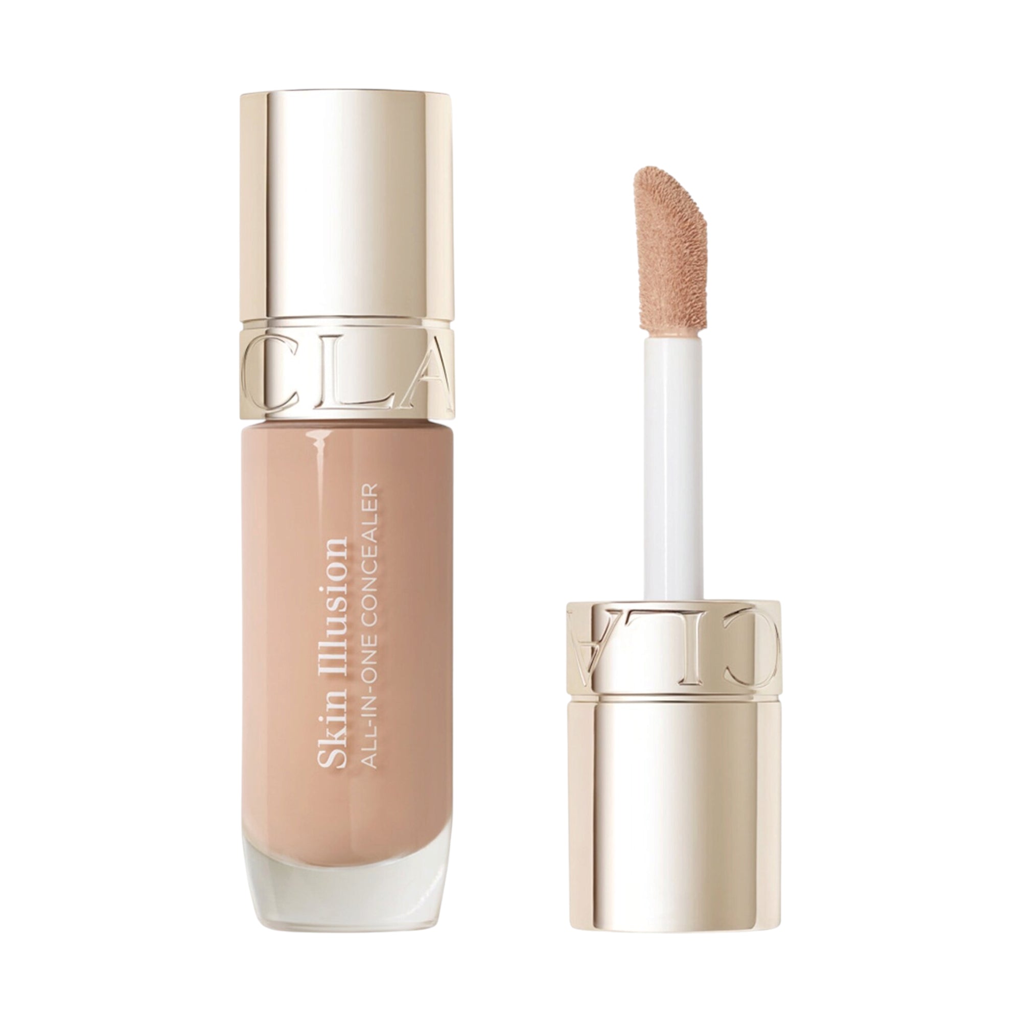 CLARINS Skin Illusion All-in-One Concealer in a light beige shade, with a gold-toned cap and a flocked applicator.