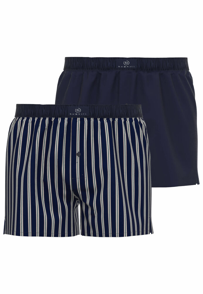 Two men's relaxed-fit boxer shorts: one navy blue with white vertical stripes, and one solid navy blue, both with Bugatti log