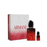 Giorgio Armani SI PassIntense fragrance gift set with a large red gradient bottle, a small red gradient bottle, and a silver