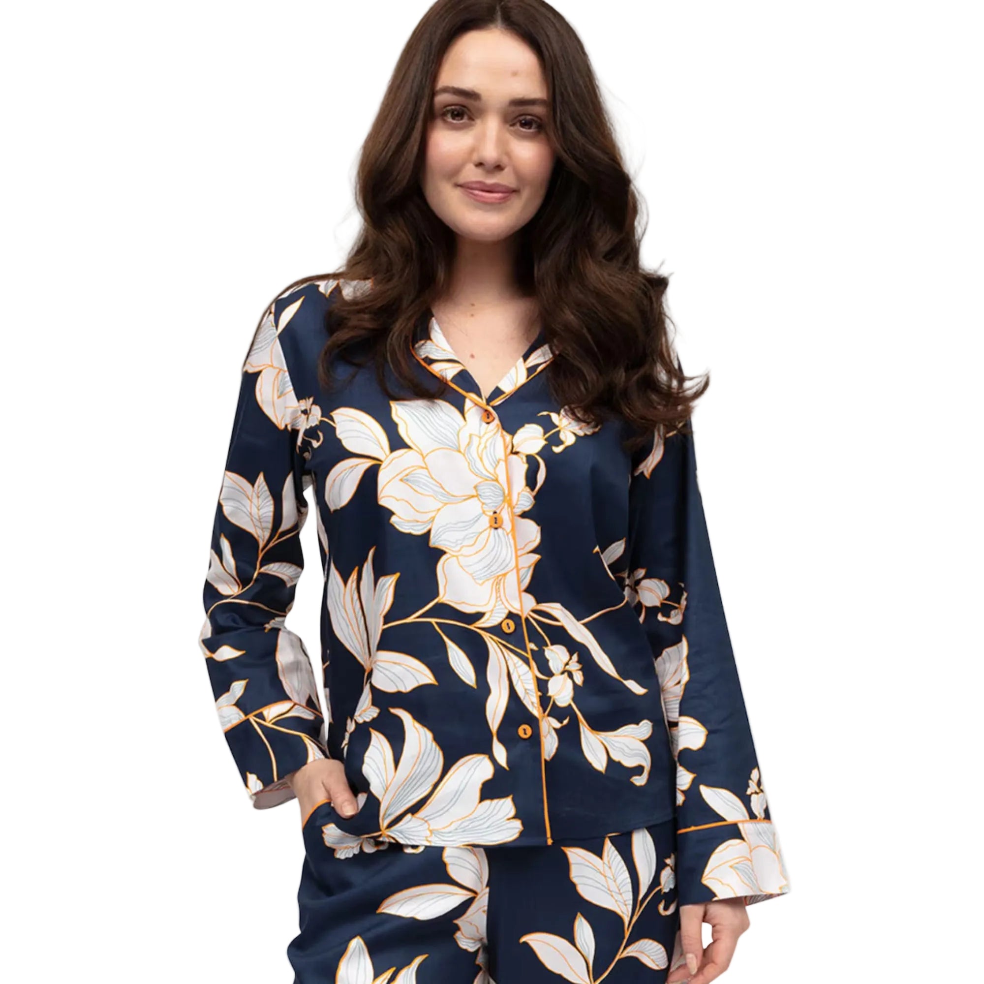 Navy floral print long-sleeved pyjama top with white and gold-toned floral pattern and orange piping
