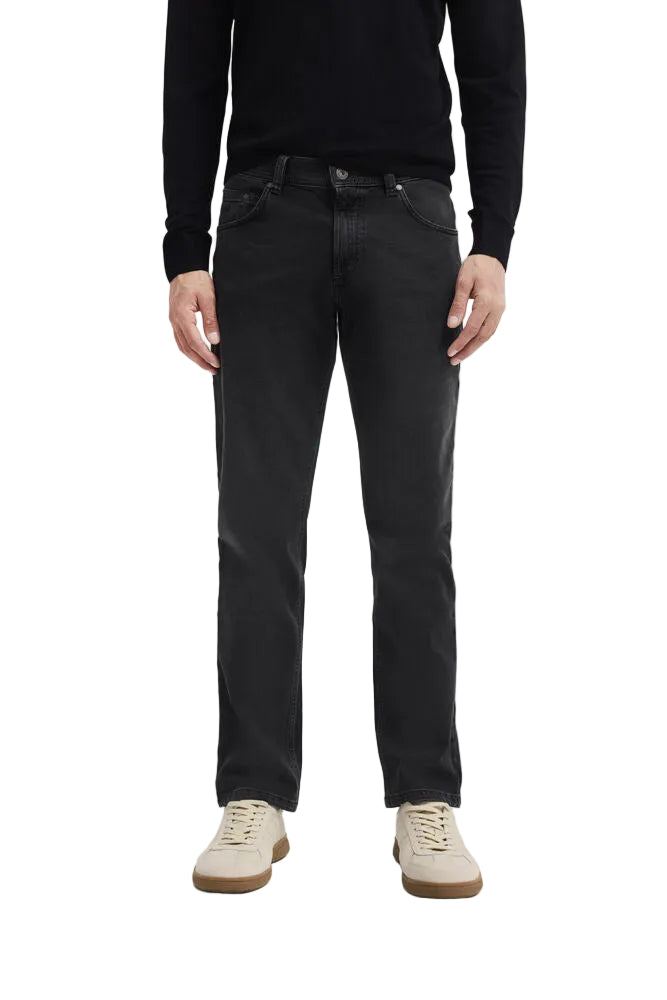 Dark grey straight leg denim jeans with five pockets, button and zip fly, and belt loops.