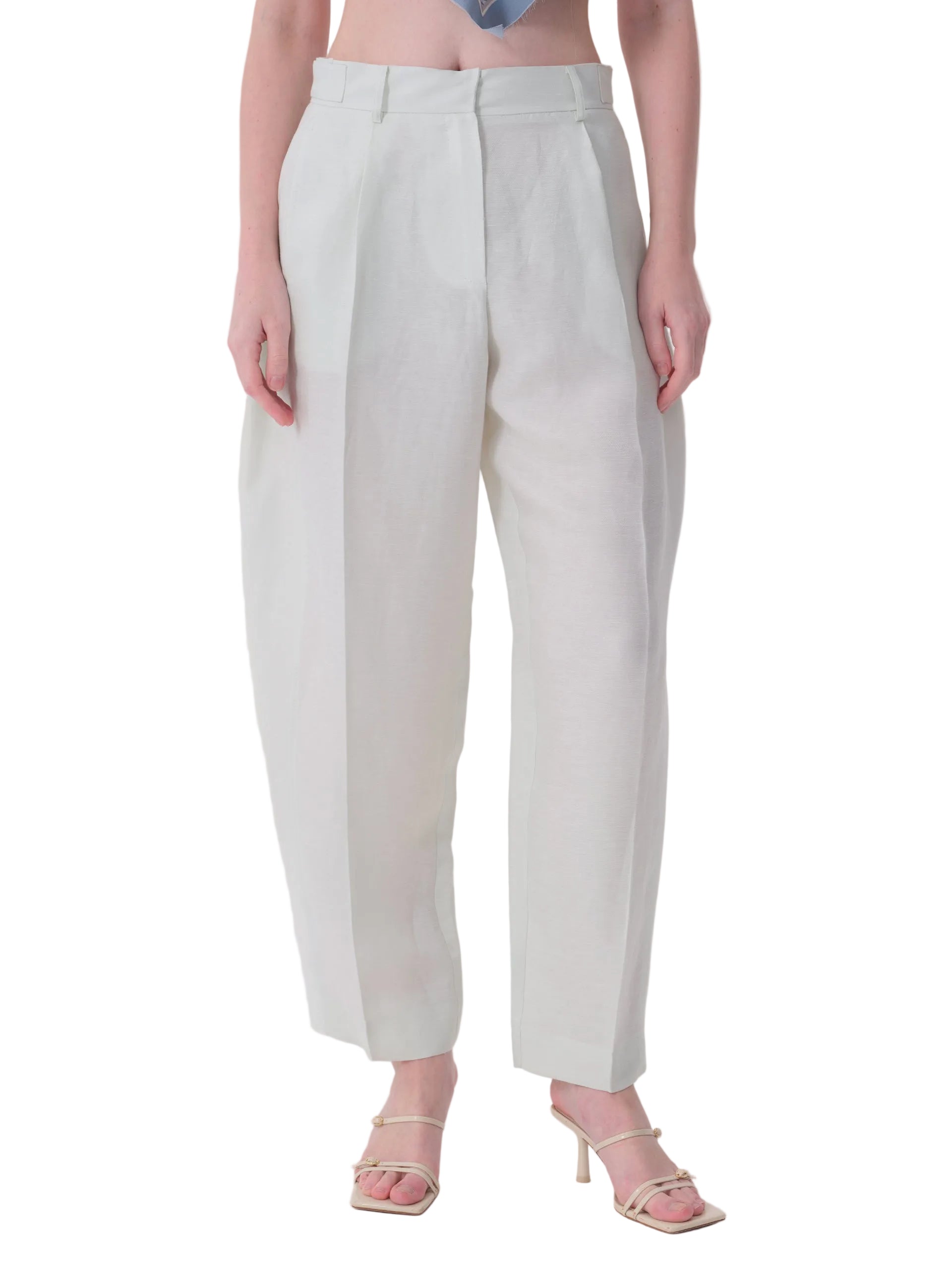 Light mint green high-waisted wide-leg trousers with front pleats and belt loops, laid flat.