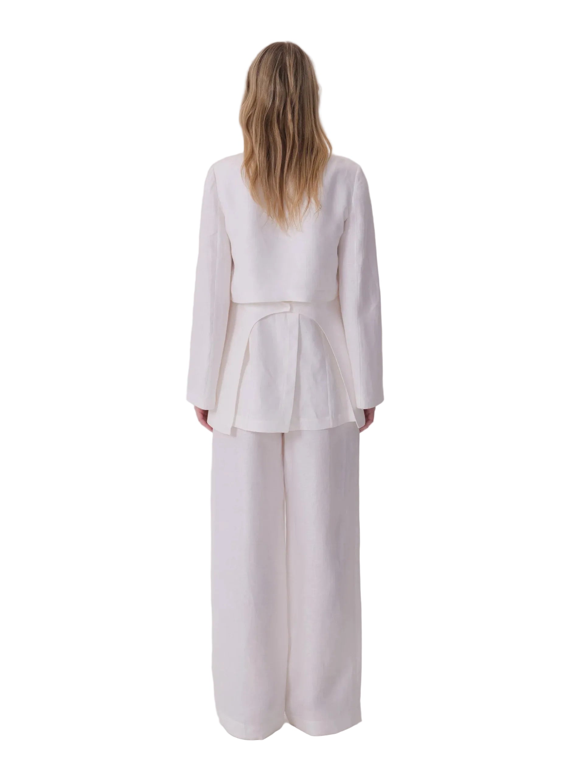 White textured cropped jacket with long sleeves, a back button tab, and a pleated peplum detail.