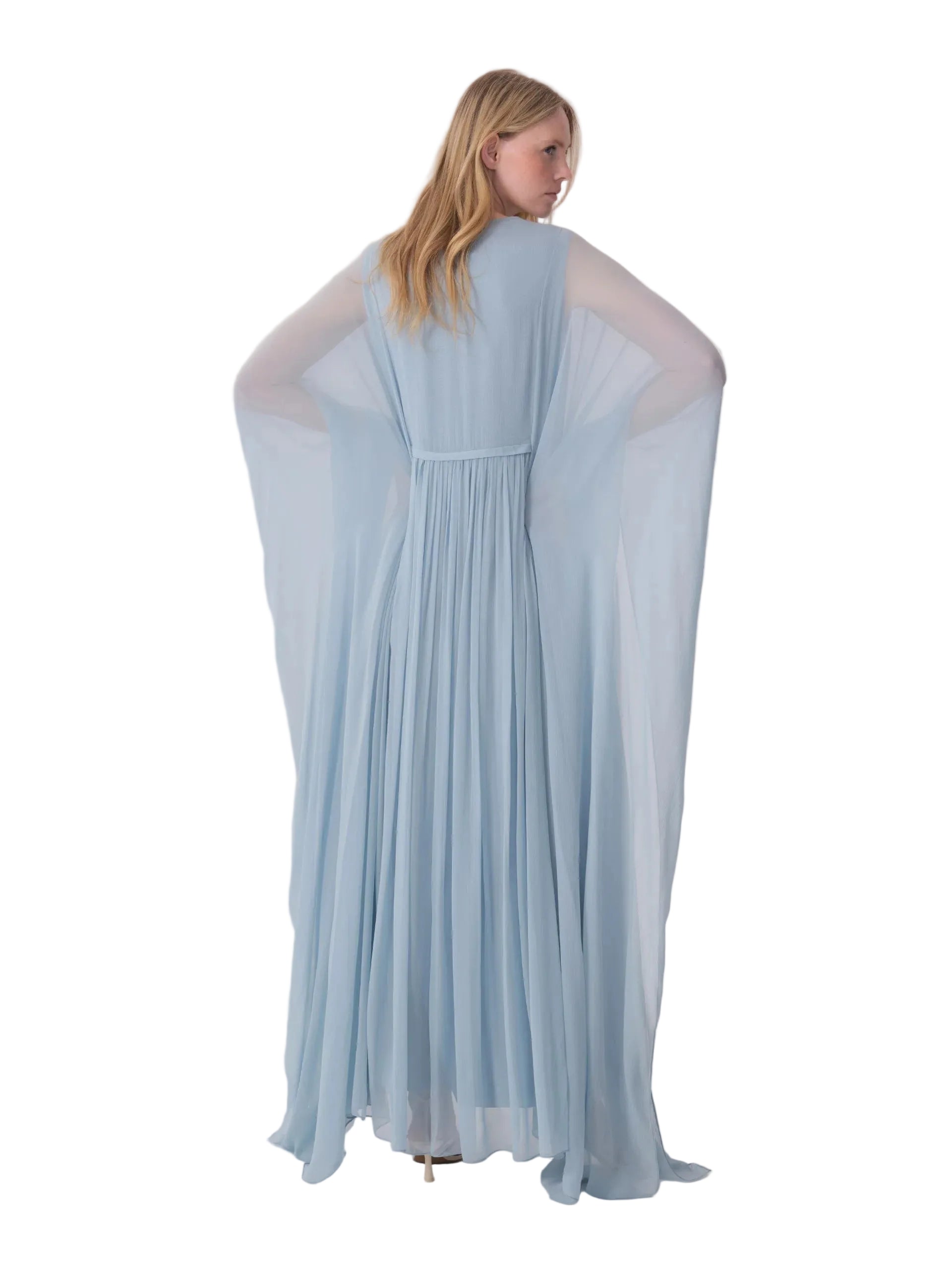Light blue maxi dress with sheer, flowing cape sleeves, a cinched waist, and a pleated, floor-length skirt.