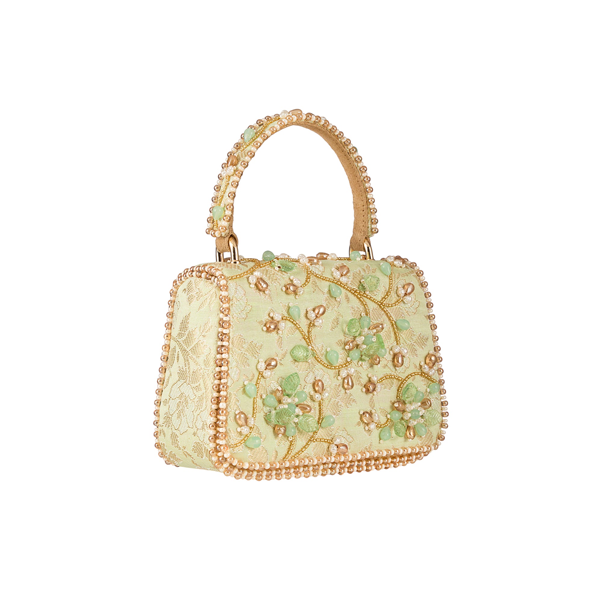 Jade green trapezium mini handbag with gold-toned floral embroidery, green beads, and pearls. Beaded edges and top handle.