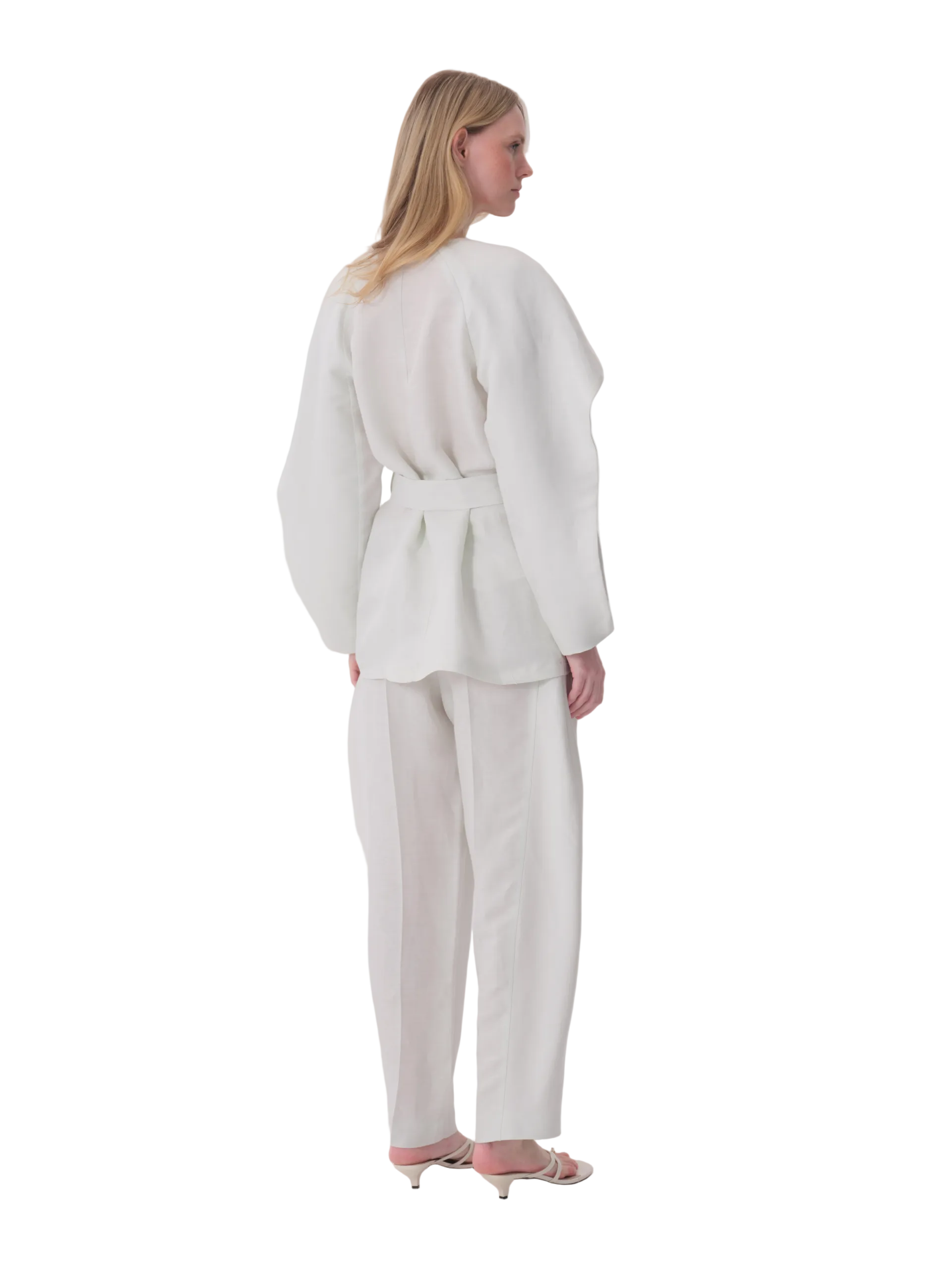 Pale mint kimono-style jacket with wide sleeves and a matching fabric belt cinched at the waist, made of a lightweight, textu