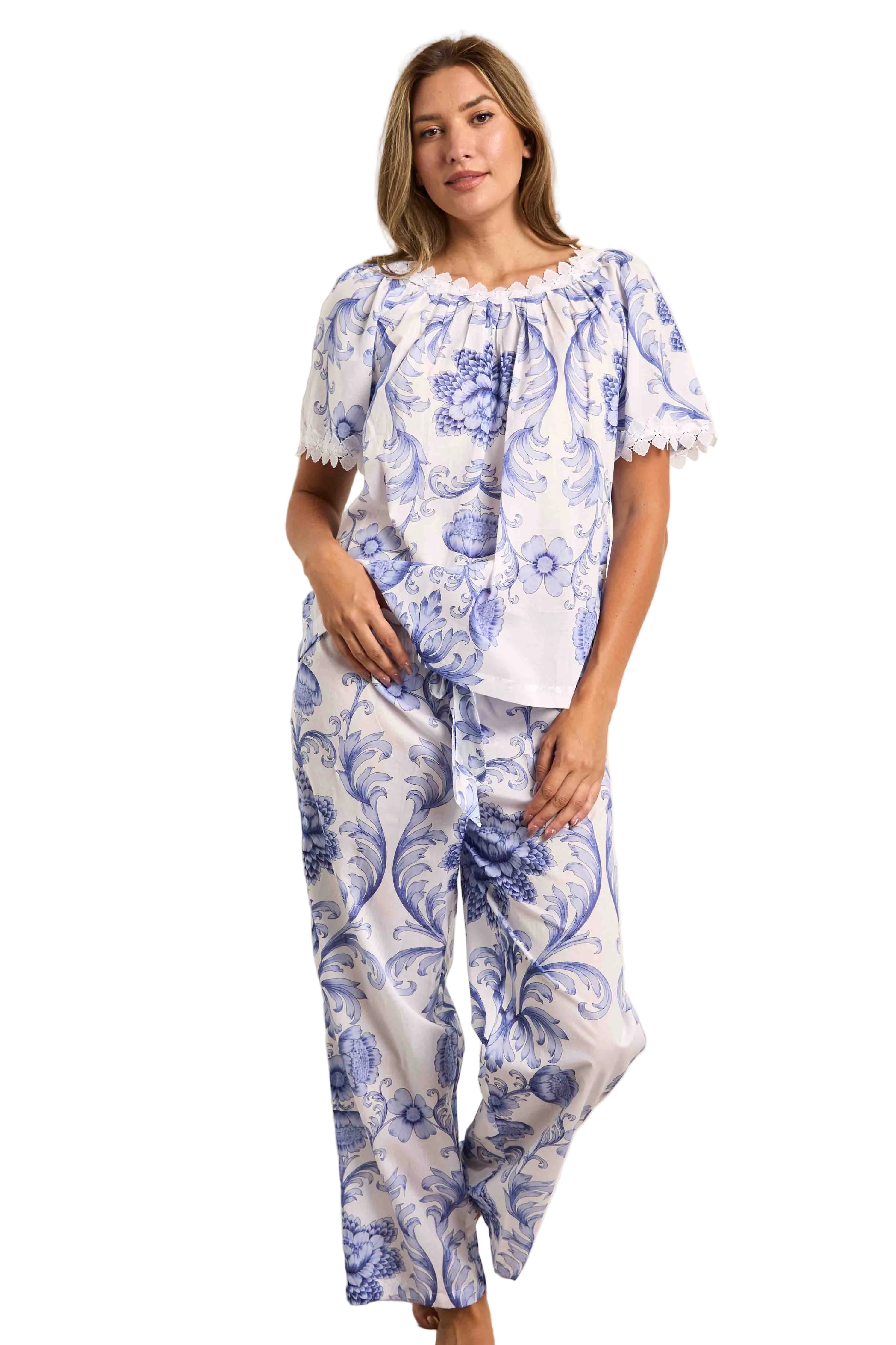 White and blue floral patterned short-sleeve pyjama top with gathered neckline and matching straight-leg trousers with drawst