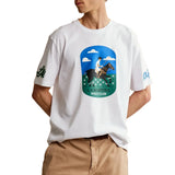 Optic white crew neck t-shirt with a central polo player graphic and embroidered logos on sleeves.