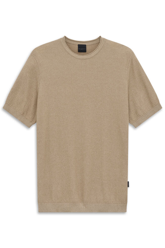 Beige textured knit short sleeve T-shirt with a crew neck, ribbed cuffs, and a ribbed hem, laid flat.