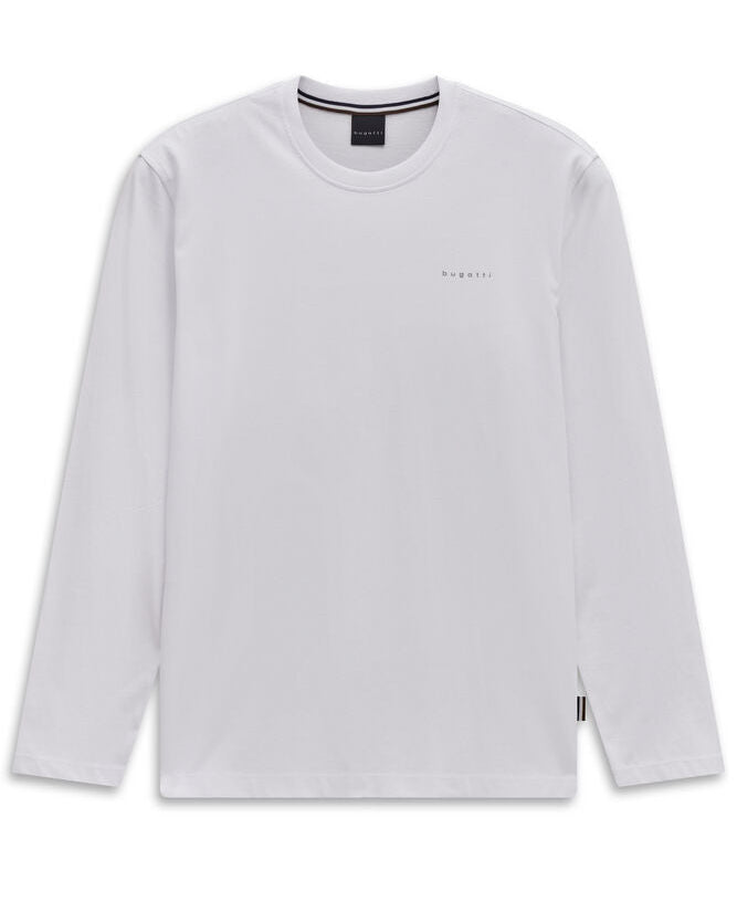White Bugatti men's long-sleeved crew neck T-shirt with embroidered logo and striped inner collar.