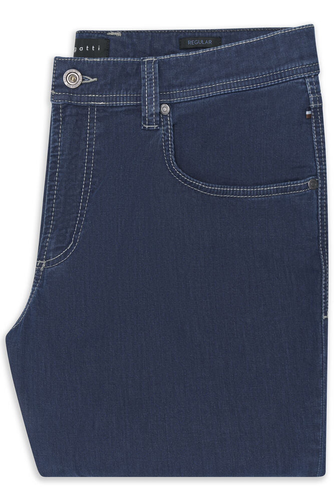Dark blue regular fit jeans with white contrast stitching, silver-toned button and rivets, and front pockets.