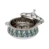 Casa Blu insulated serving casserole dish featuring a teal and white Lily of the Valley floral pattern with polished chrome handles and lid knob.