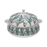 Casa Blu insulated serving casserole dish featuring a teal and white Lily of the Valley floral pattern with polished chrome handles and lid knob.