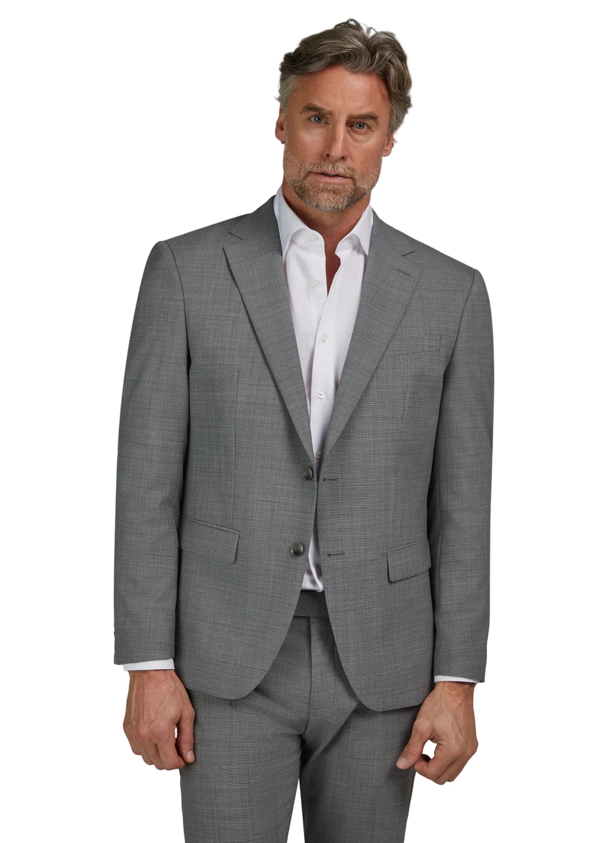Dark grey tailored jacket with a subtle micro-patterned weave, featuring a two-button closure and flap pockets.