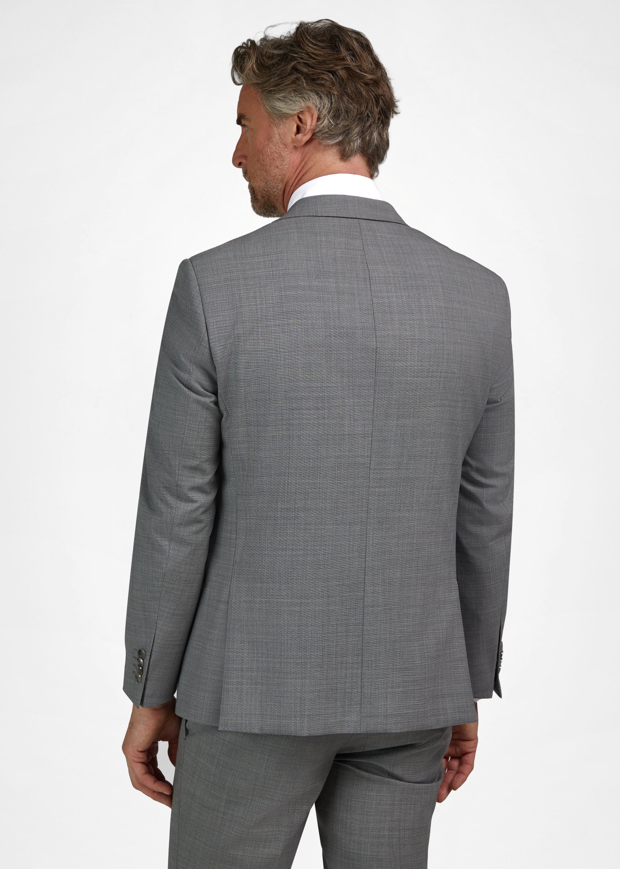 Dark grey men's suit jacket with a fine textured weave, smooth back, and four dark buttons on the left sleeve cuff.
