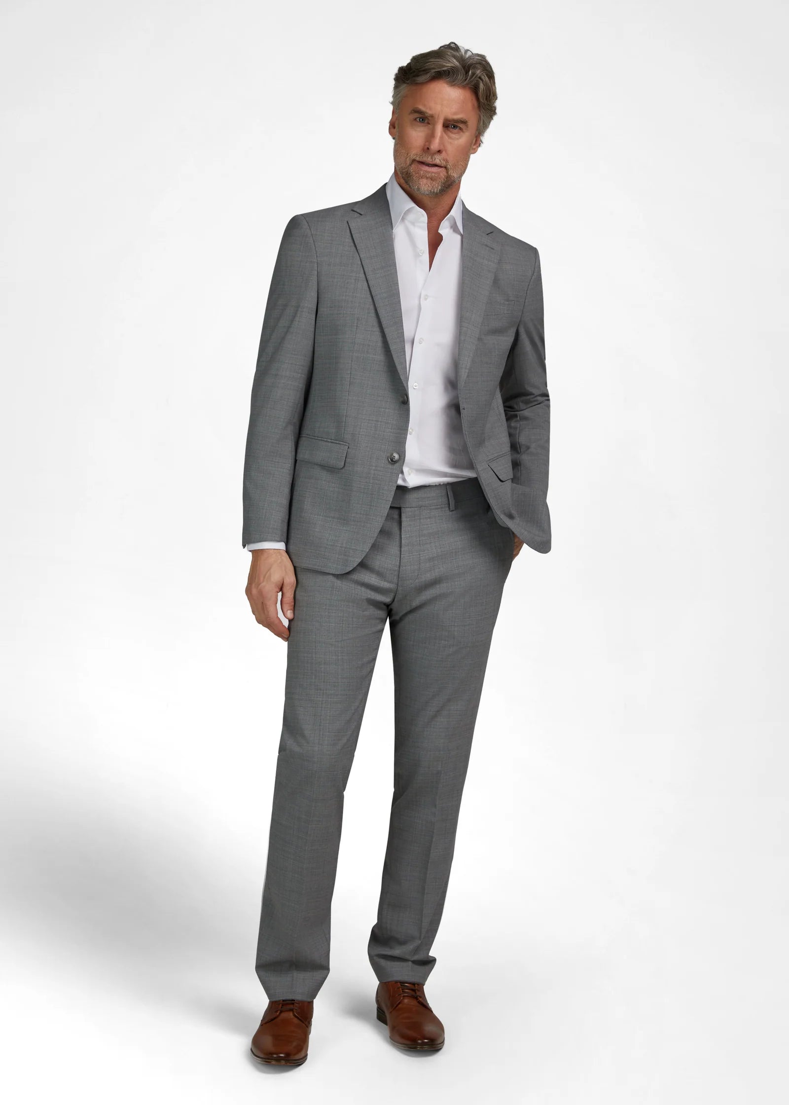 Dark grey single-breasted suit jacket with notched lapels, two-button closure, two flap pockets, and a chest welt pocket. Sub