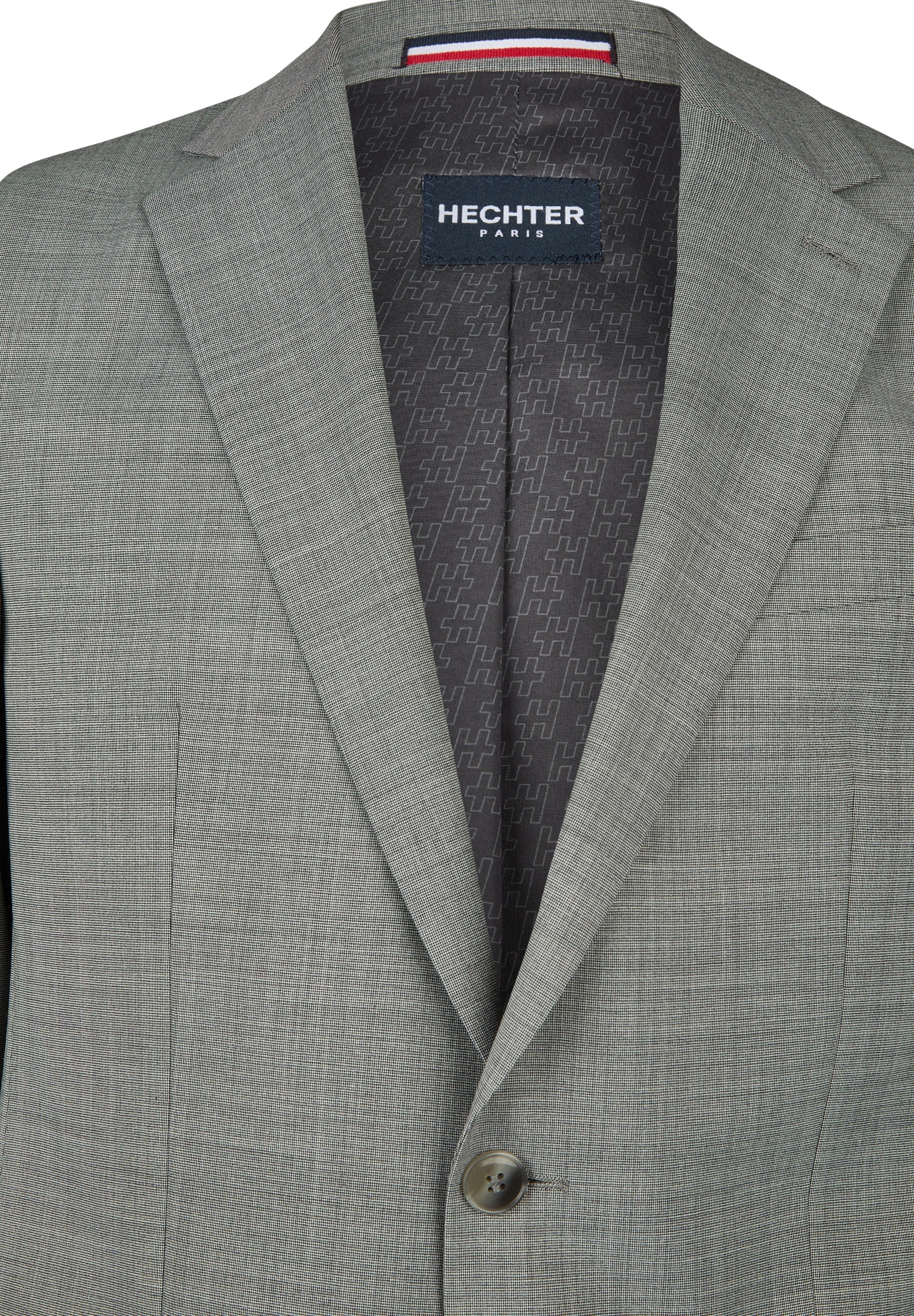Light grey single-breasted jacket with notched lapels, one mottled button, and a dark grey 'H' pattern lining with a striped