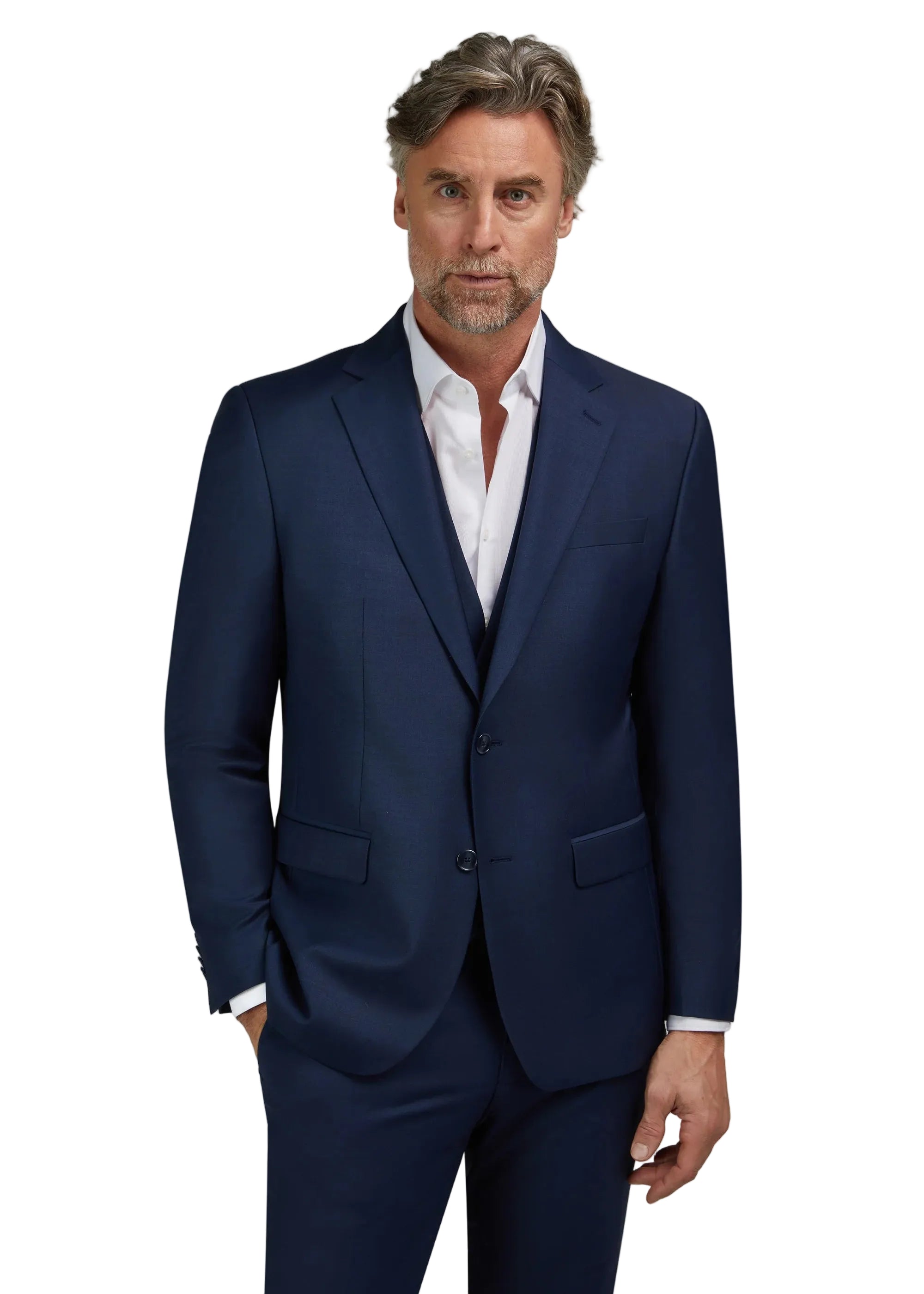 Navy blue single-breasted men's jacket with notched lapels, two-button closure, and flap pockets.