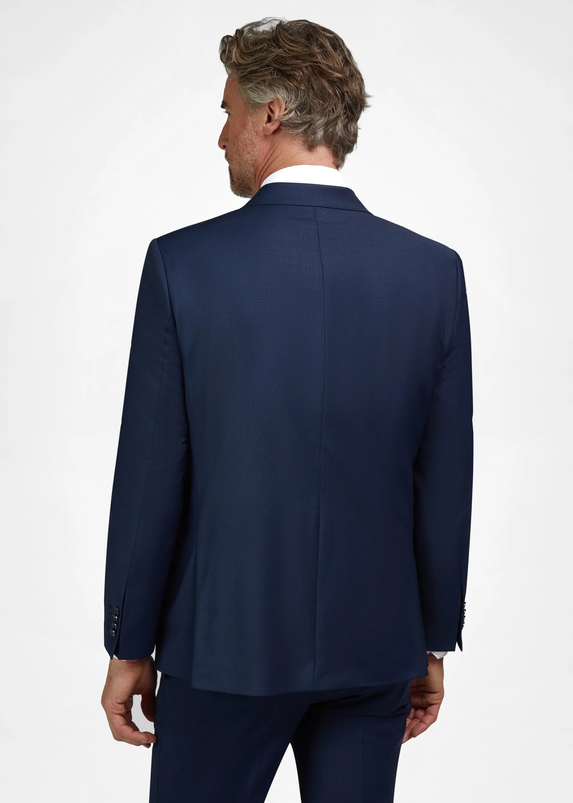 Navy blue suit jacket with a smooth texture, a center back seam, and four buttons on each cuff.