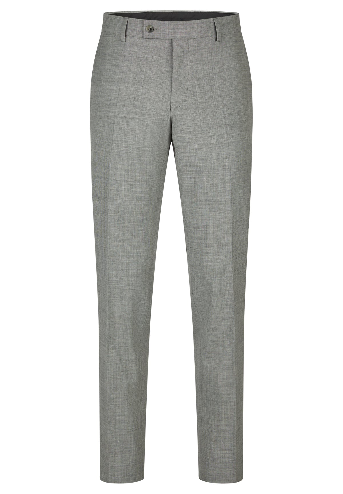 Light grey flat-front dress trousers with a subtle textured weave, belt loops, and a single button closure at the waist.