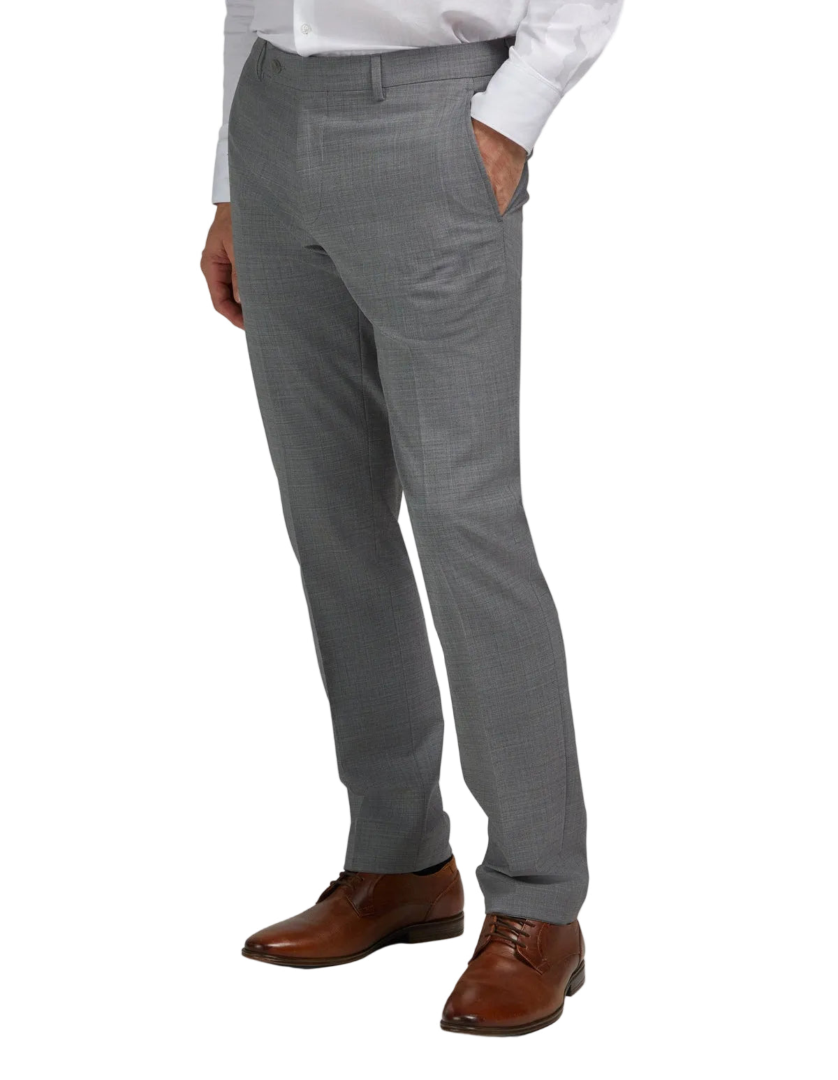 Dark grey men's slim-fit trousers with side slash pockets and belt loops.