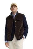 Brown quilted men's waistcoat with stand collar, snap buttons, and chest flap pockets.