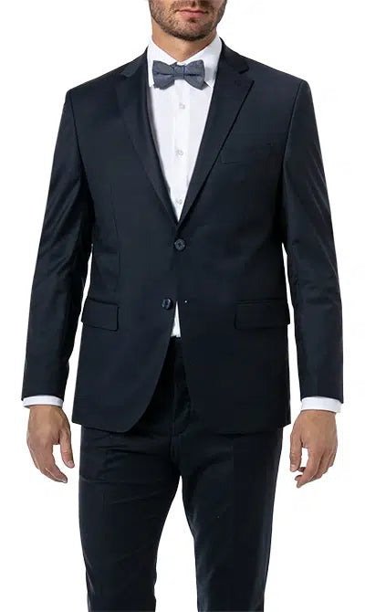 Dark blue tailored single-breasted men's jacket with two-button closure, notched lapels, and flap pockets.