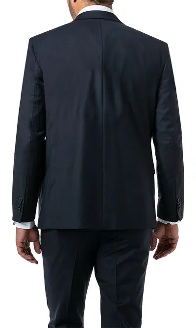 Dark blue suit jacket, back view, with a single vent and four dark buttons on each cuff.