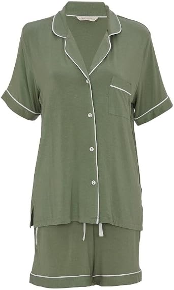 Sage green jersey pajama set. Top has revere collar, white buttons, chest pocket, white piping. Shorts have drawstring, white