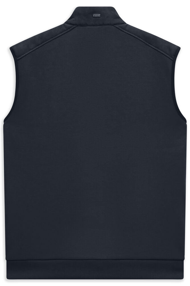 Navy blue sleeveless vest, back view. Features a stand-up collar with a small label, distinct shoulder seams, and a ribbed he