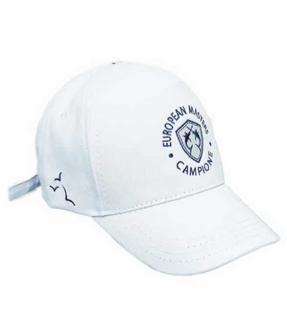 White classic baseball cap with a curved brim, featuring a blue circular 'European Masters Campione' emblem on the front and