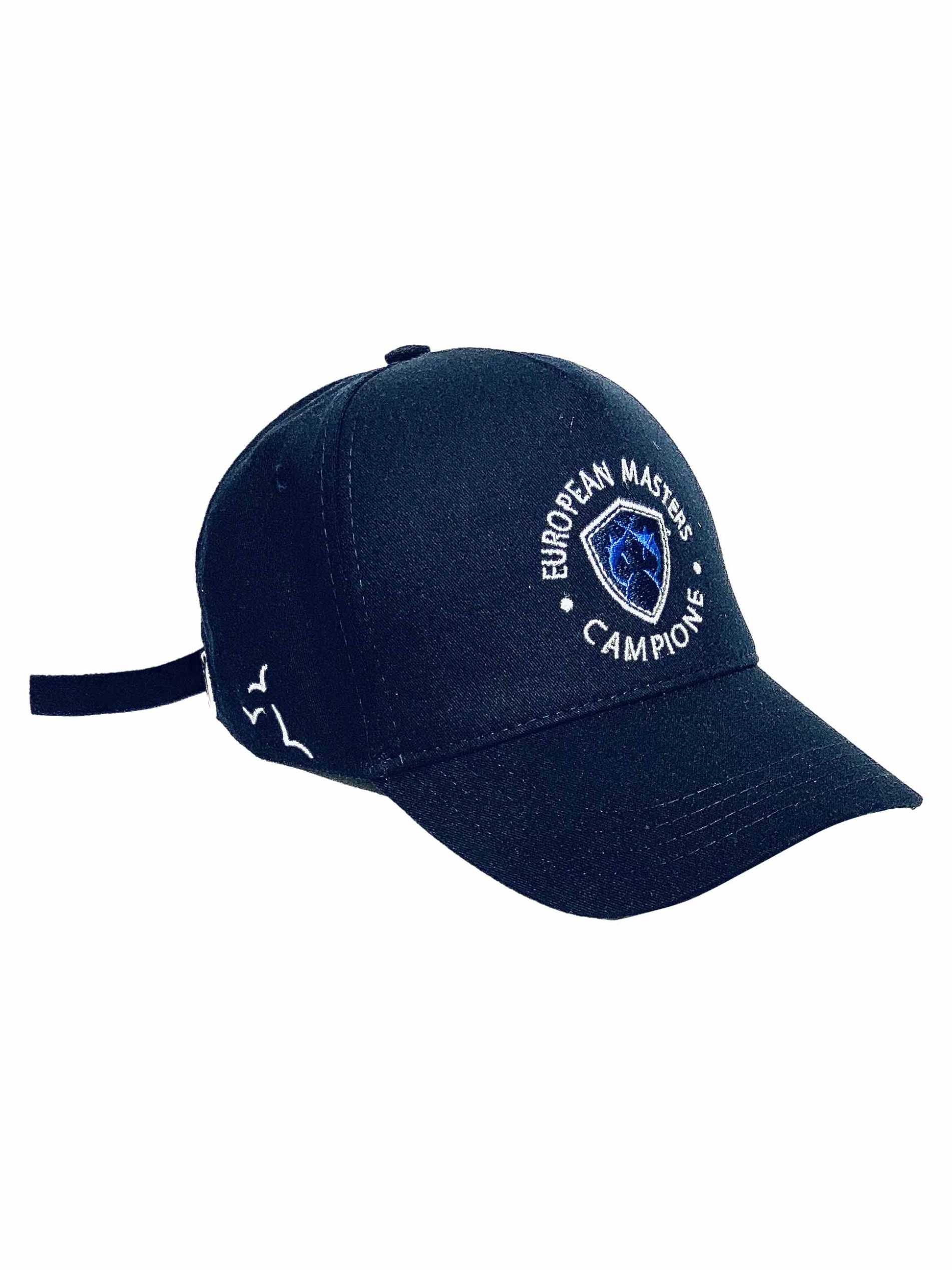 Dark blue baseball cap with white embroidered 'EUROPEAN MASTERS CAMPIONE' text and blue shield on front, white birds on side.